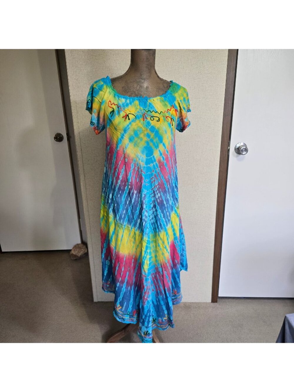 Ace Fashion L Flowy Tie-Dye Rayon Boho Dress Multicolor Short Sleeve Festival